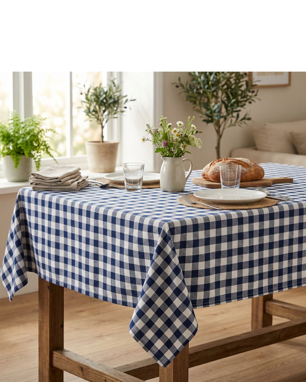 Bleot Checkered Cotton Tablecloth Navy 52 x 70 in