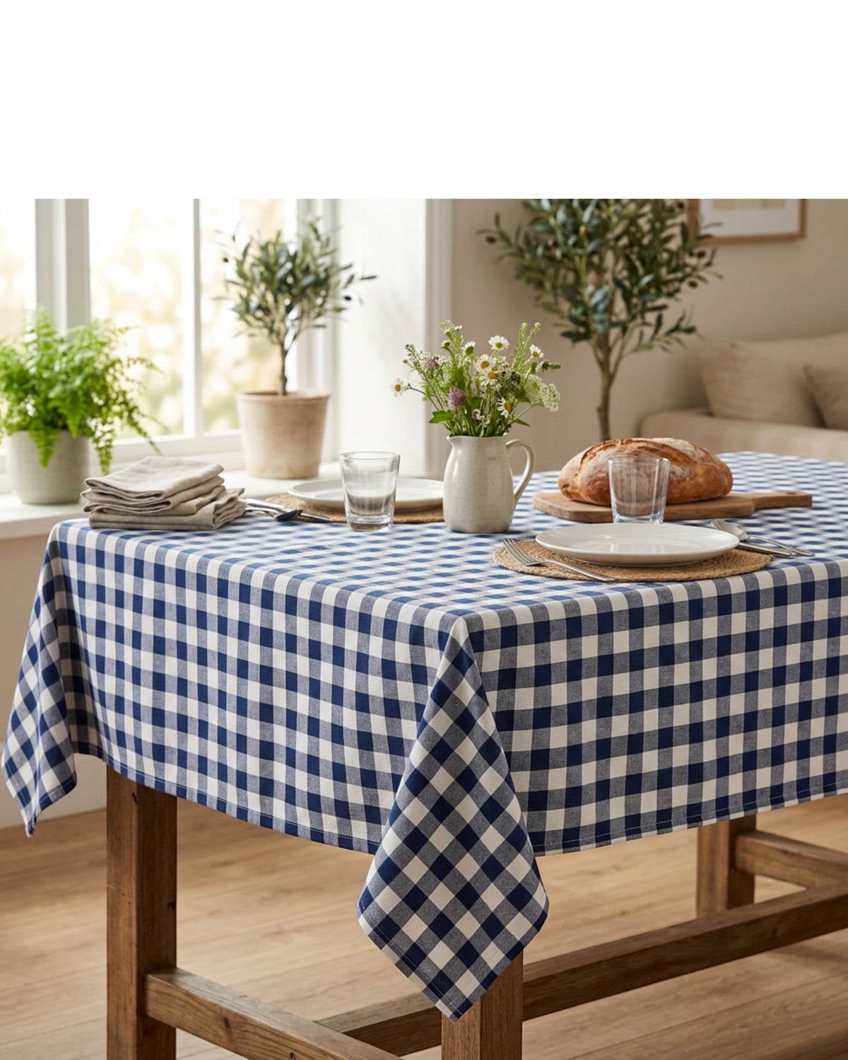 Bleot Checkered Cotton Tablecloth Navy 52 x 70 in