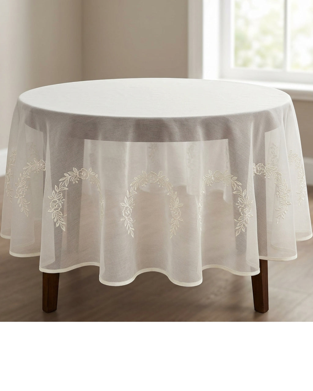 Bleot Tonal Embroidered Sheer Round Tablecloth 180 cm Ivory - Lifestyle view
