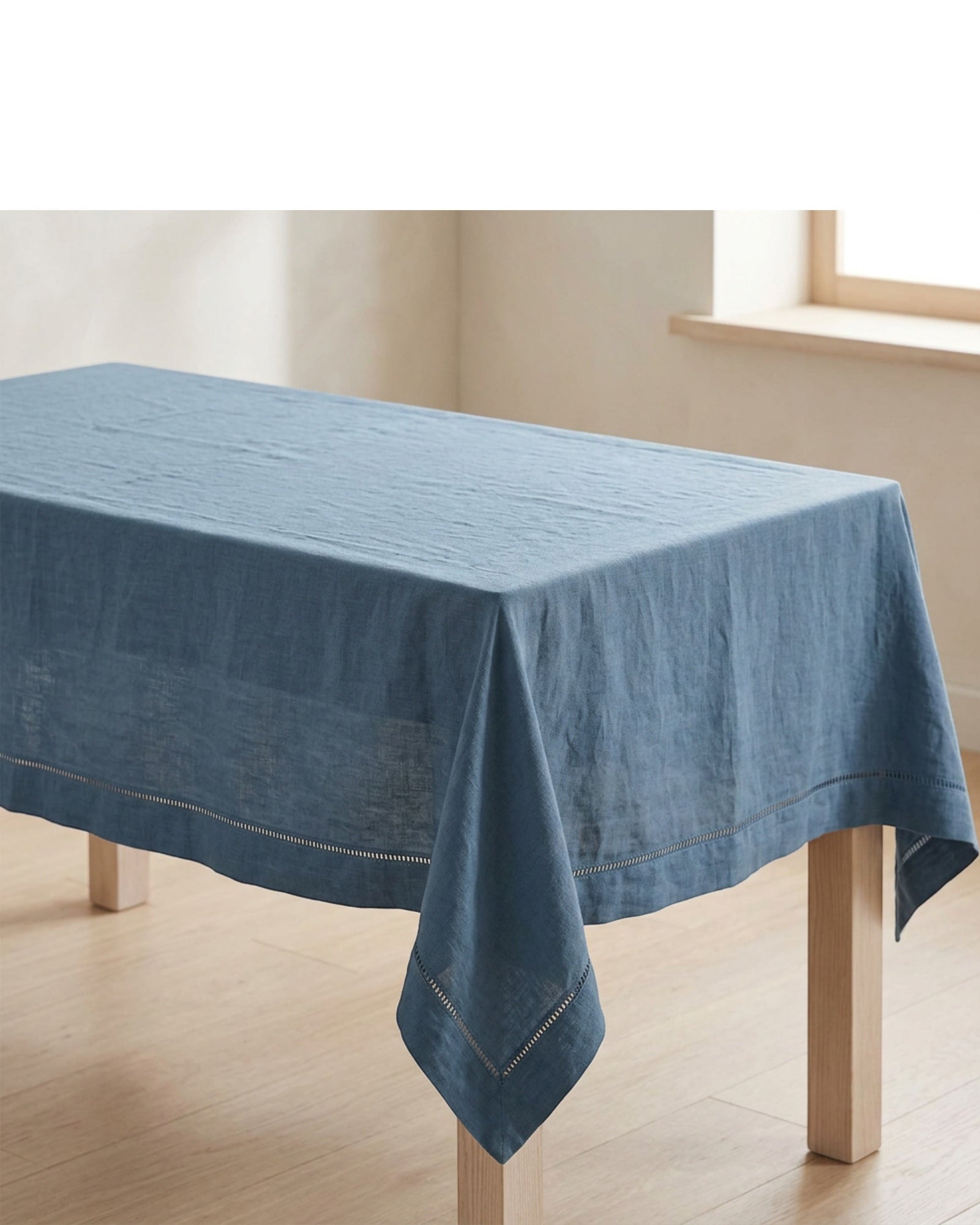 Bleot Washed Flax Linen Hemstitch Tablecloth 150 x 250 cm Dusty Blue - Lifestyle view