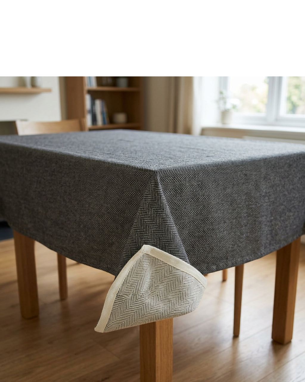 Bleot Reversible Cotton Herringbone Tablecloth 140 x 220 cm Charcoal Ivory - Lifestyle view